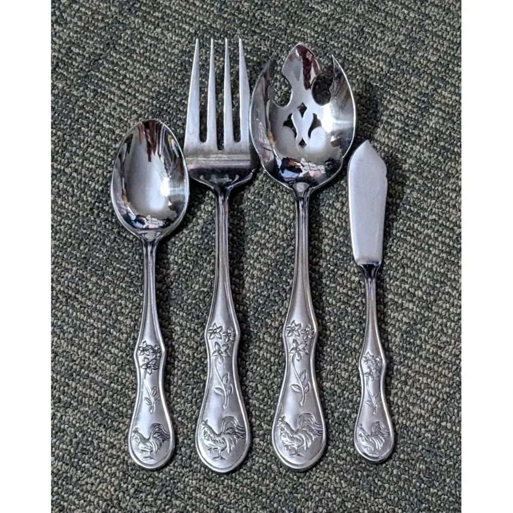 4 Pc Pfaltzgraff DAYBREAK Hostess Serving Set Glossy Stainless Flatware Rooster